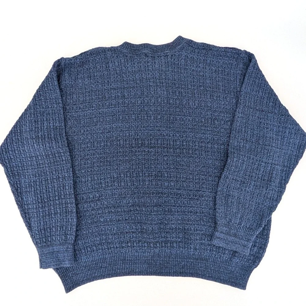 Oscar de la Renta Henley Sweater Blue Waffle Knit Cotton Blend XL